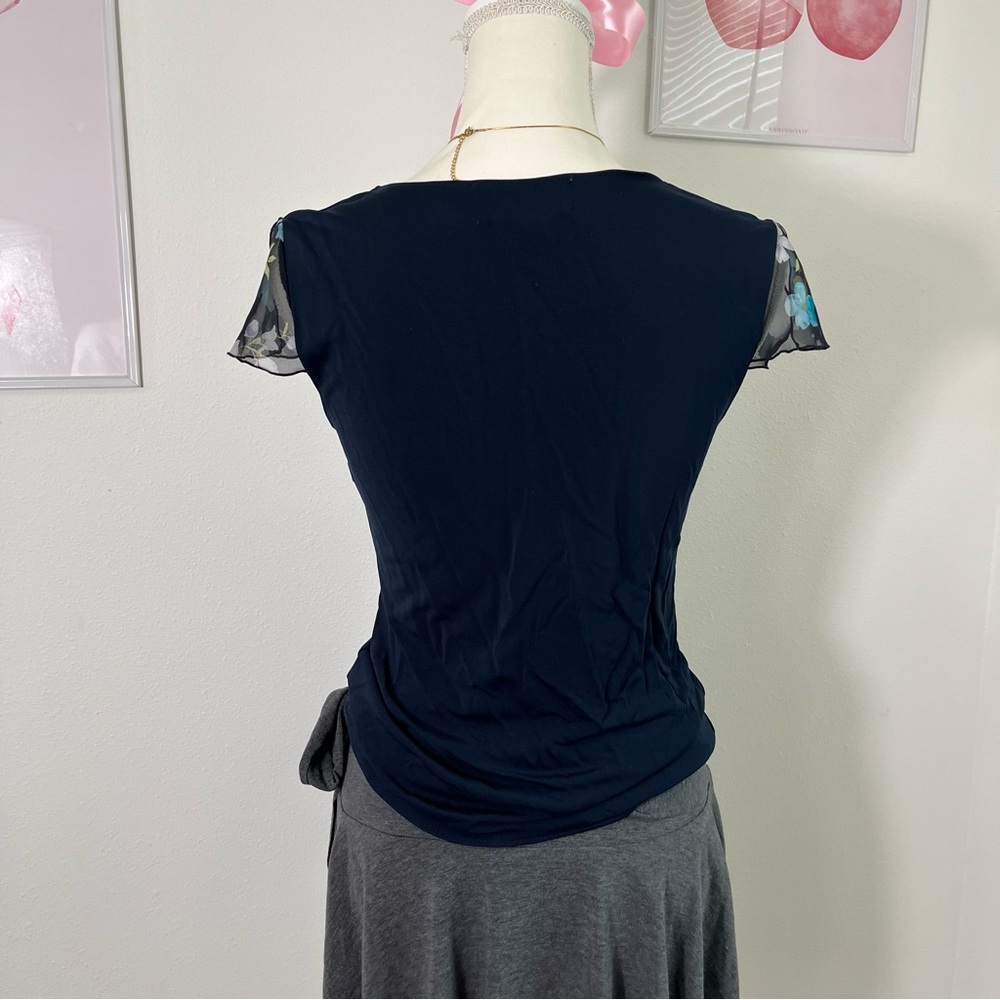 Vintage Y2K Annex Navy Blue Floral Butterfly Sleeve Top Womens Size Small‎ - Picture 4 of 5
